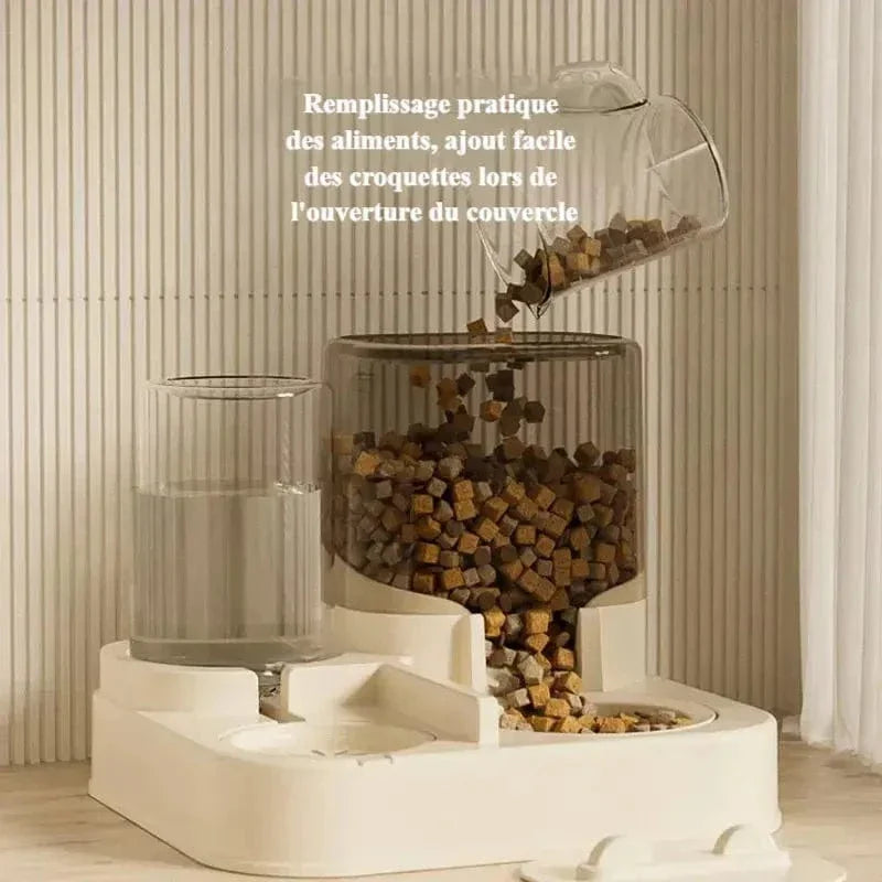 Distributeur de croquettes et eau pour chat